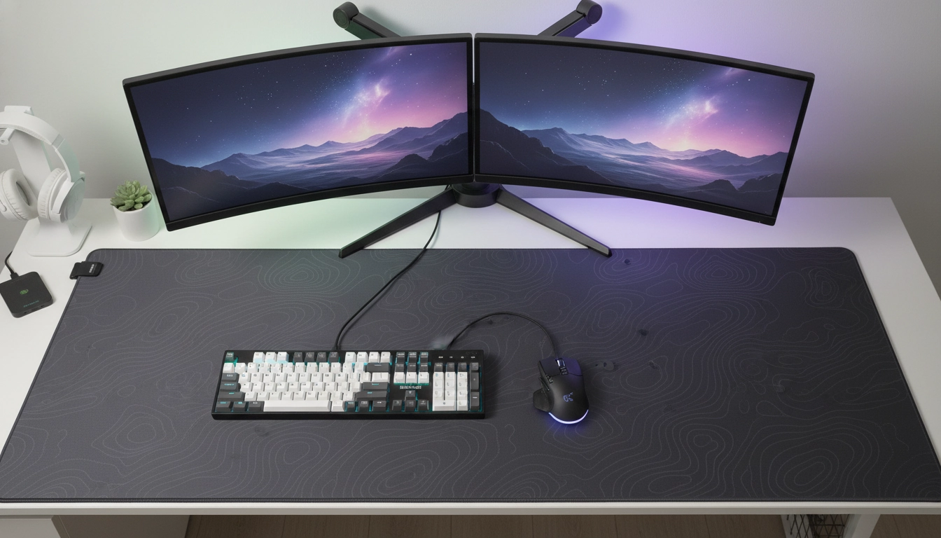 Vue de dessus d'un bureau gaming avec tapis de souris parfaitement adapté à l'espace disponible