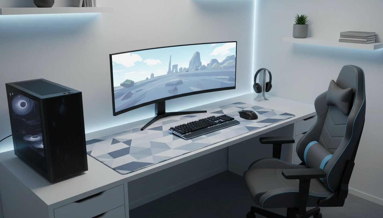 Setup gaming avec tapis de souris parfaitement adapté à l'espace du bureau