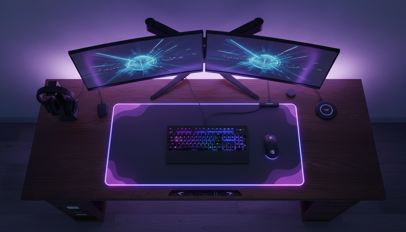 Agencement setup gaming avec grand tapis de souris XL RGB et double écran rétroéclairé en bleu et violet