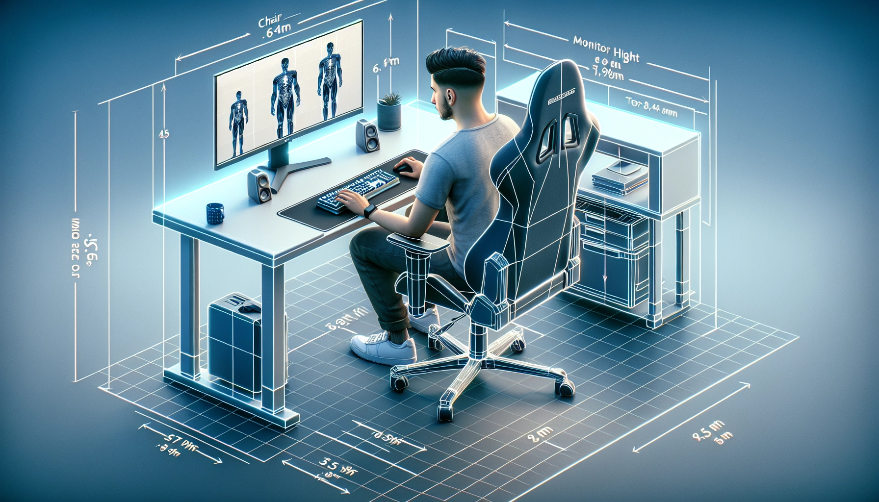 Schéma illustrant l'agencement setup gaming ergonomique hauteur bureau chaise avec les mesures corporelles recommandées