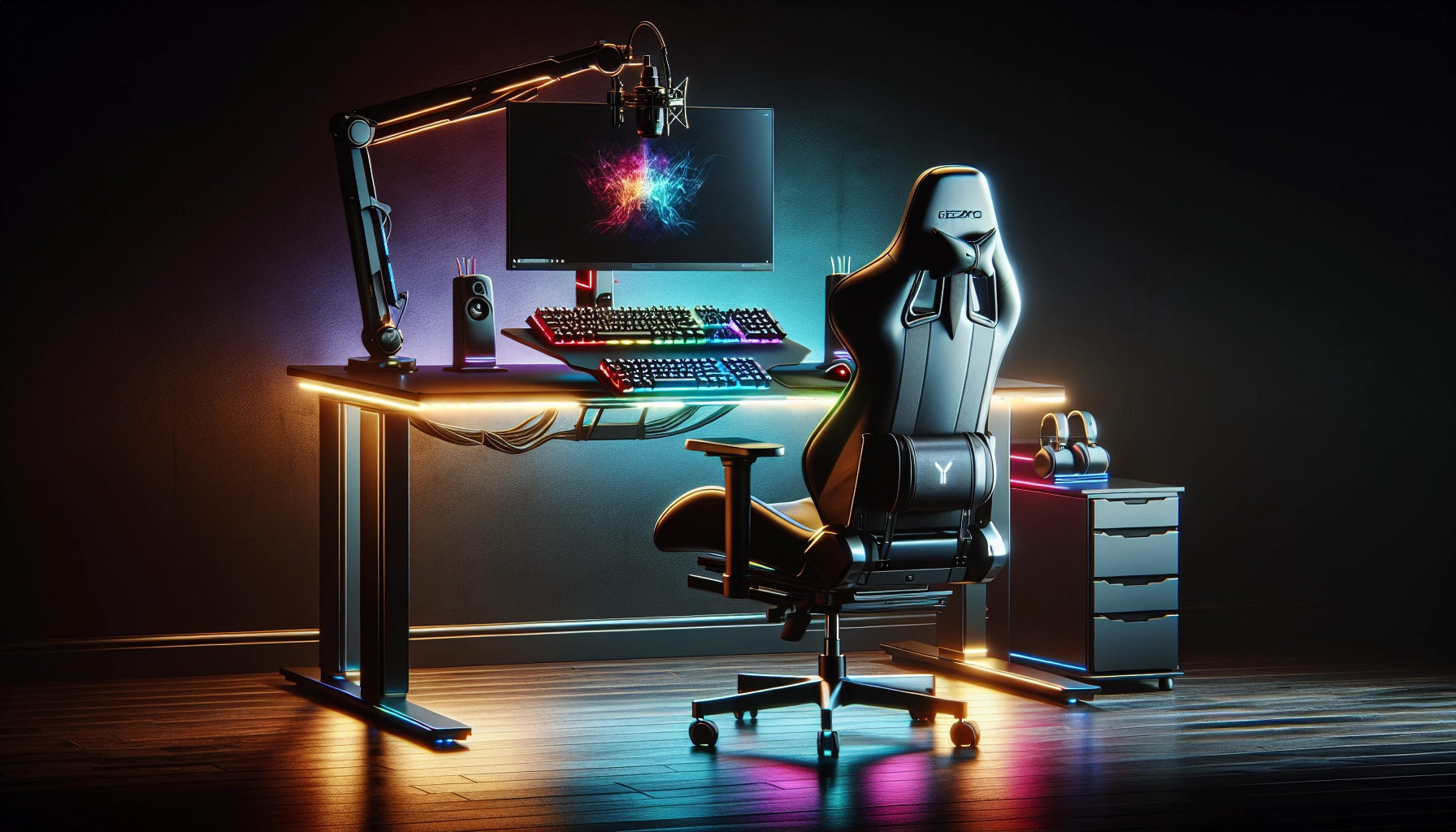 Setup gaming ergonomique complet avec bureau réglable en hauteur, chaise gaming et accessoires bien positionnés