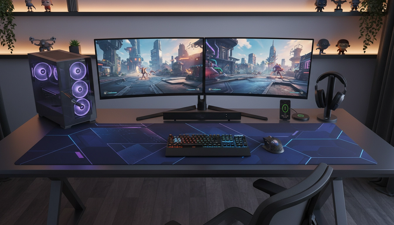 Agencement setup gaming complet avec tapis de souris XL, double écran et éclairage LED RGB