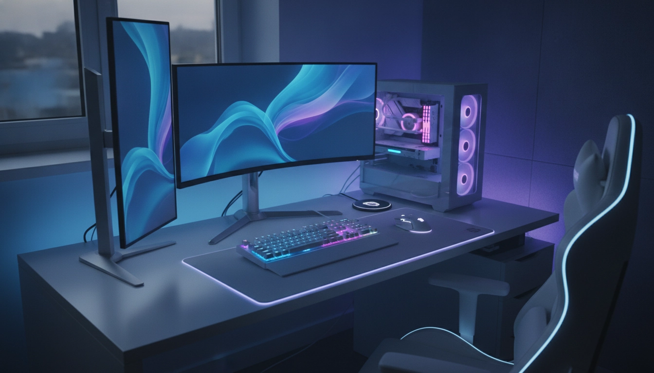 Un agencement setup gaming avec plusieurs écrans propre et moderne.