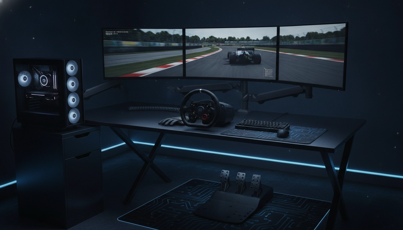 Exemple d'agencement setup gaming avec plusieurs écrans pour la simulation.