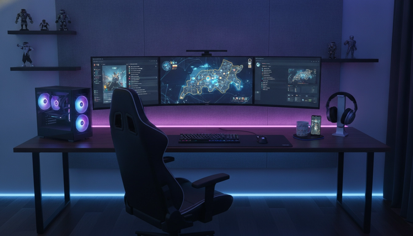 Bureau moderne avec un agencement setup gaming avec plusieurs écrans parfaitement optimisé.