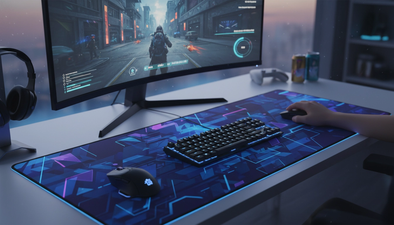 Tapis de souris gaming premium XL avec souris optique haute performance sur un bureau gaming ergonomique