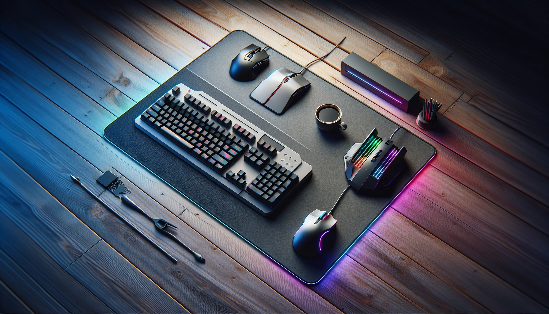 Comment améliorer stabilité tapis souris gaming astuces : setup avec grand tapis XL bien positionné sur bureau gaming