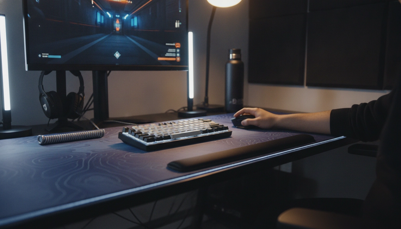 Exemple de comment aménager son setup gaming pour protéger ses poignets avec un tapis large.