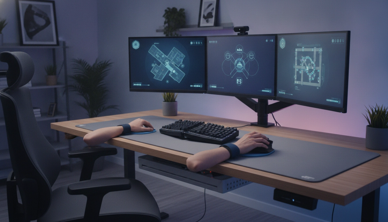 Un setup gaming ergonomique avec une souris et un clavier bien positionnés pour protéger les poignets.