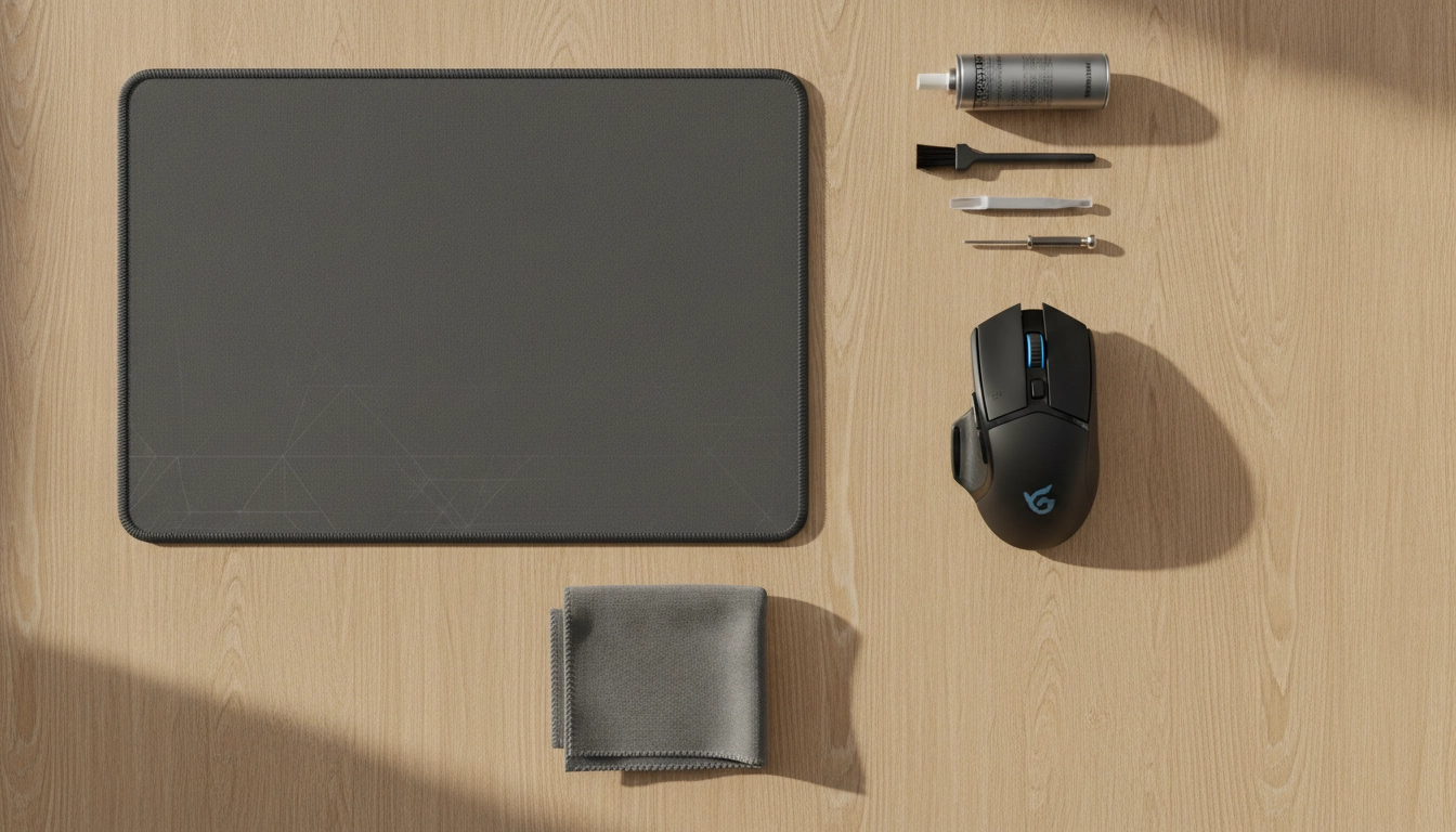 Vue aérienne de l'équipement nécessaire pour maintenir les astuces pour glisse parfaite souris gaming sur tapis avec souris propre et tapis impeccable
