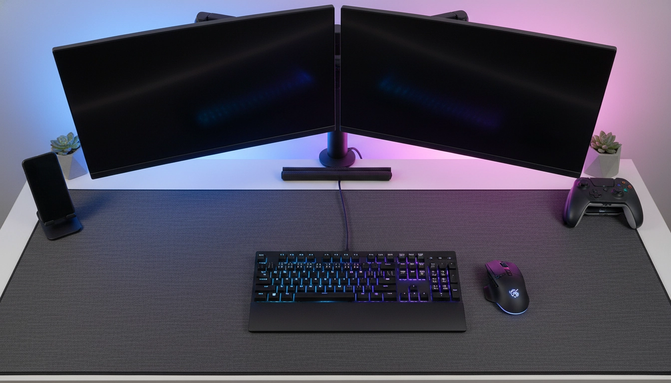 Avantages tapis souris XXL : setup gaming organisé avec grand tapis couvrant clavier et souris