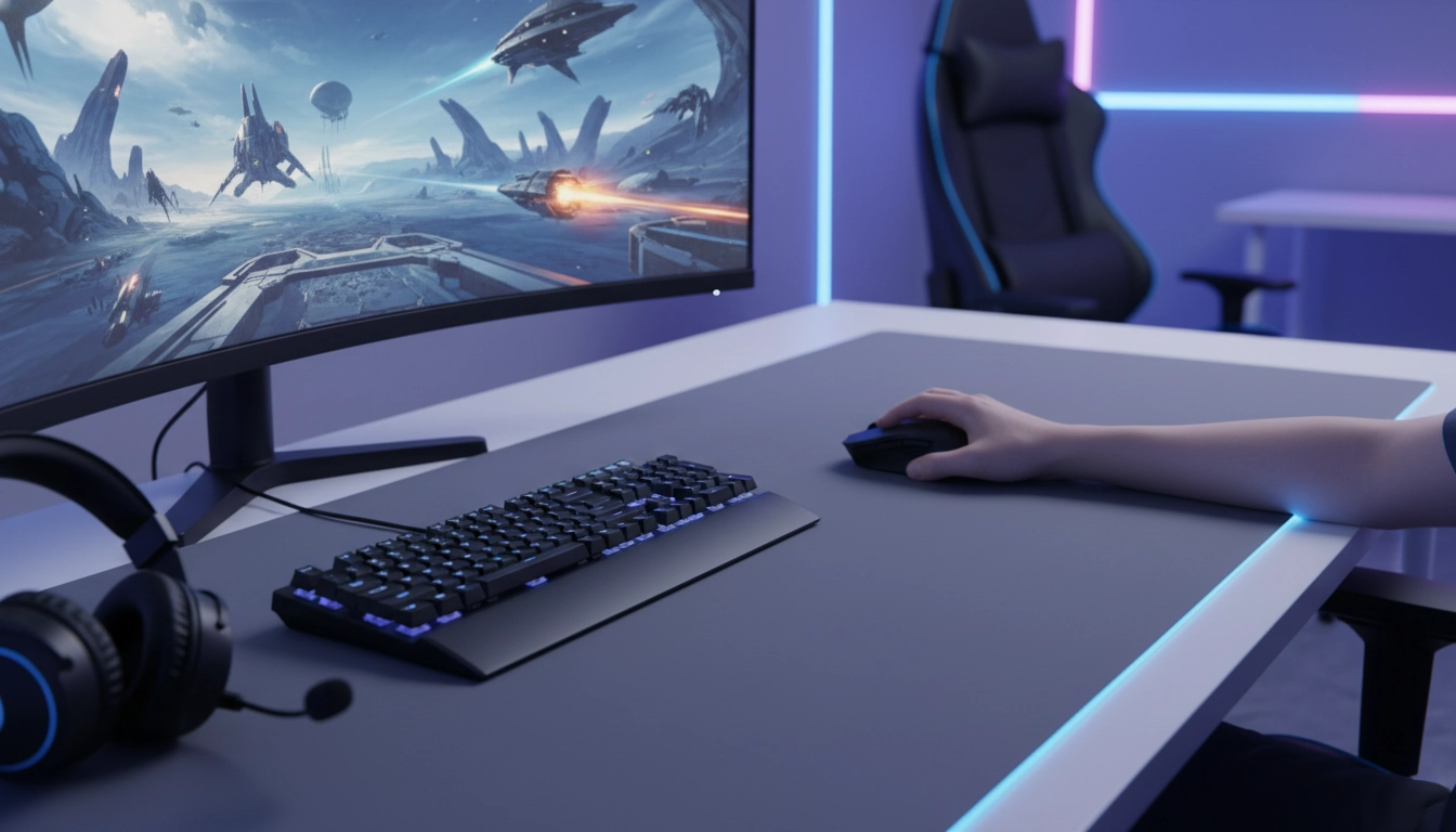 Tapis de souris XXL sur un bureau gaming organisé avec clavier mécanique et souris de précision