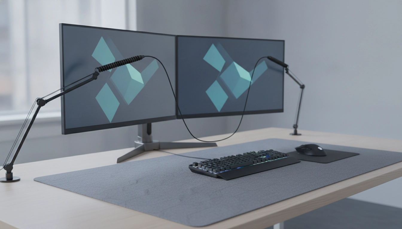 Un bungee câble souris sur grand tapis de jeu posé sur un bureau gaming propre.