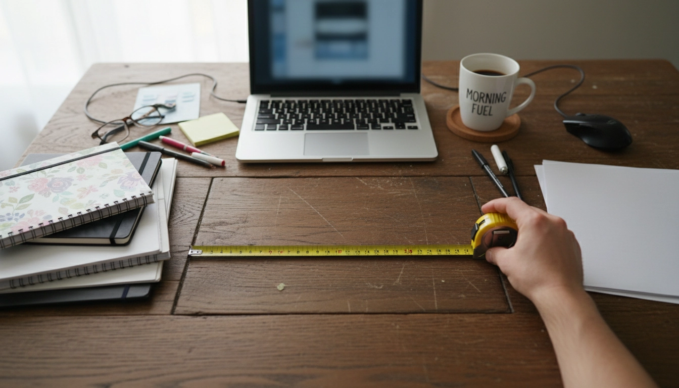 Mesure précise pour savoir comment calculer la place restante sur un bureau encombré pour un tapis souris.