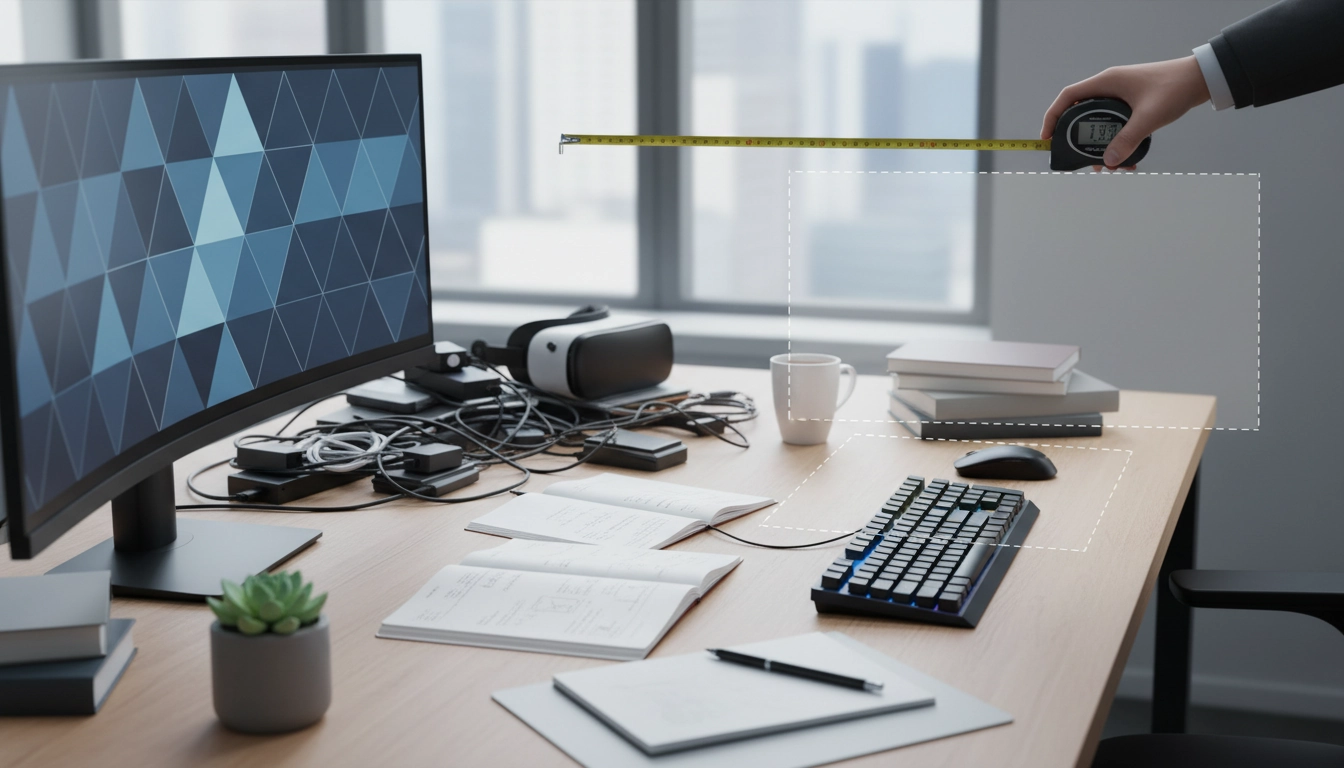 Un bureau encombré avec des accessoires où l'on montre comment calculer la place restante sur un bureau encombré pour un tapis souris à l'aide d'un mètre ruban.