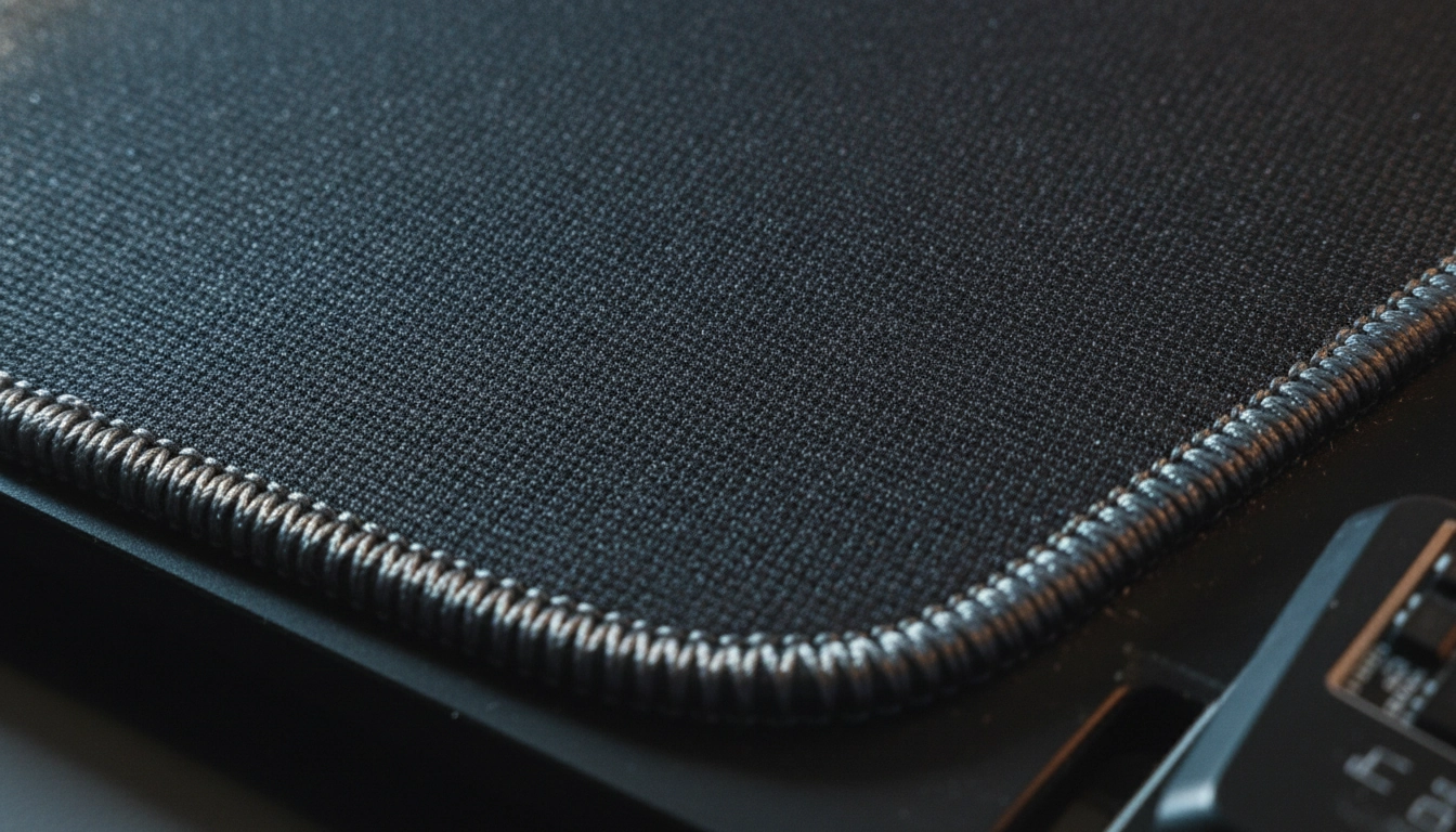 Détail des caractéristiques tapis souris gaming stabilité optimale avec bords cousus.