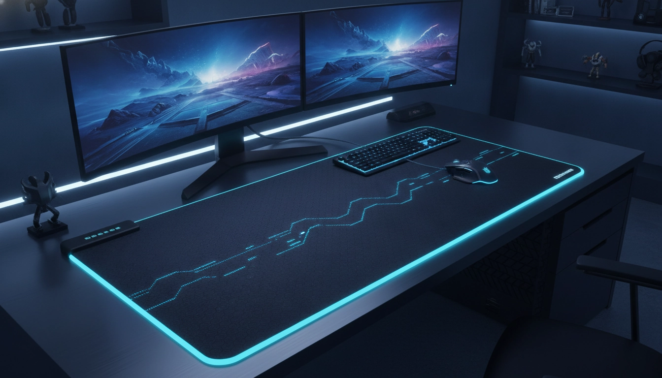 Setup gamer complet mettant en avant les caractéristiques tapis souris gaming stabilité optimale sur un bureau propre.