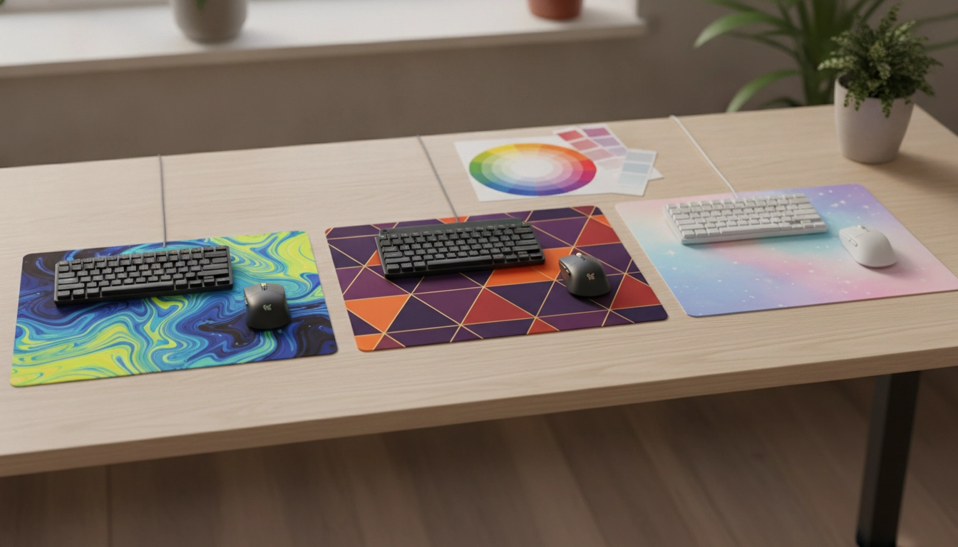 Un bureau moderne avec un setup gamer où l'utilisateur réfléchit à comment choisir les couleurs de son tapis de souris personnalisé.