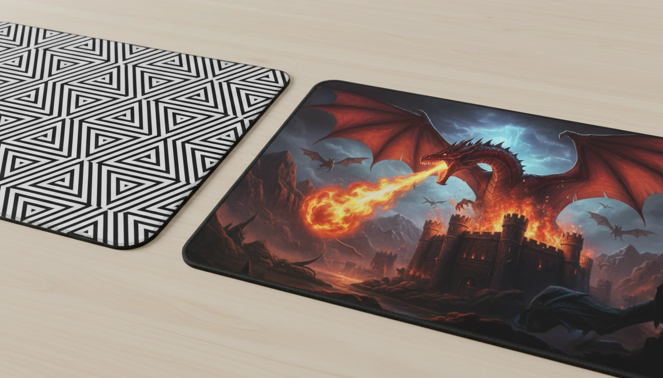 Comparaison motif minimaliste et motif ultra-détaillé pour tapis de souris gaming personnalisé