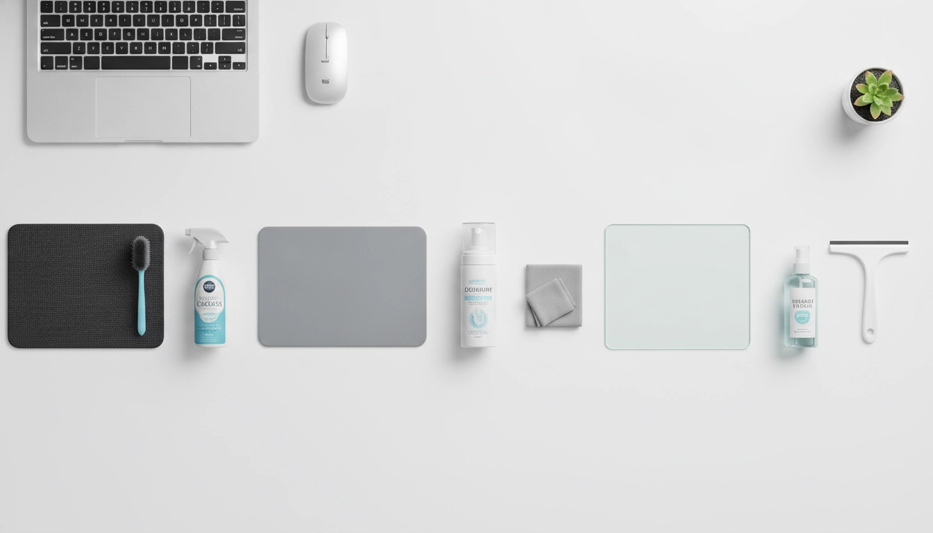 Un setup de bureau propre montrant comment bien choisir son produit nettoyage selon matière tapis souris avec divers accessoires.