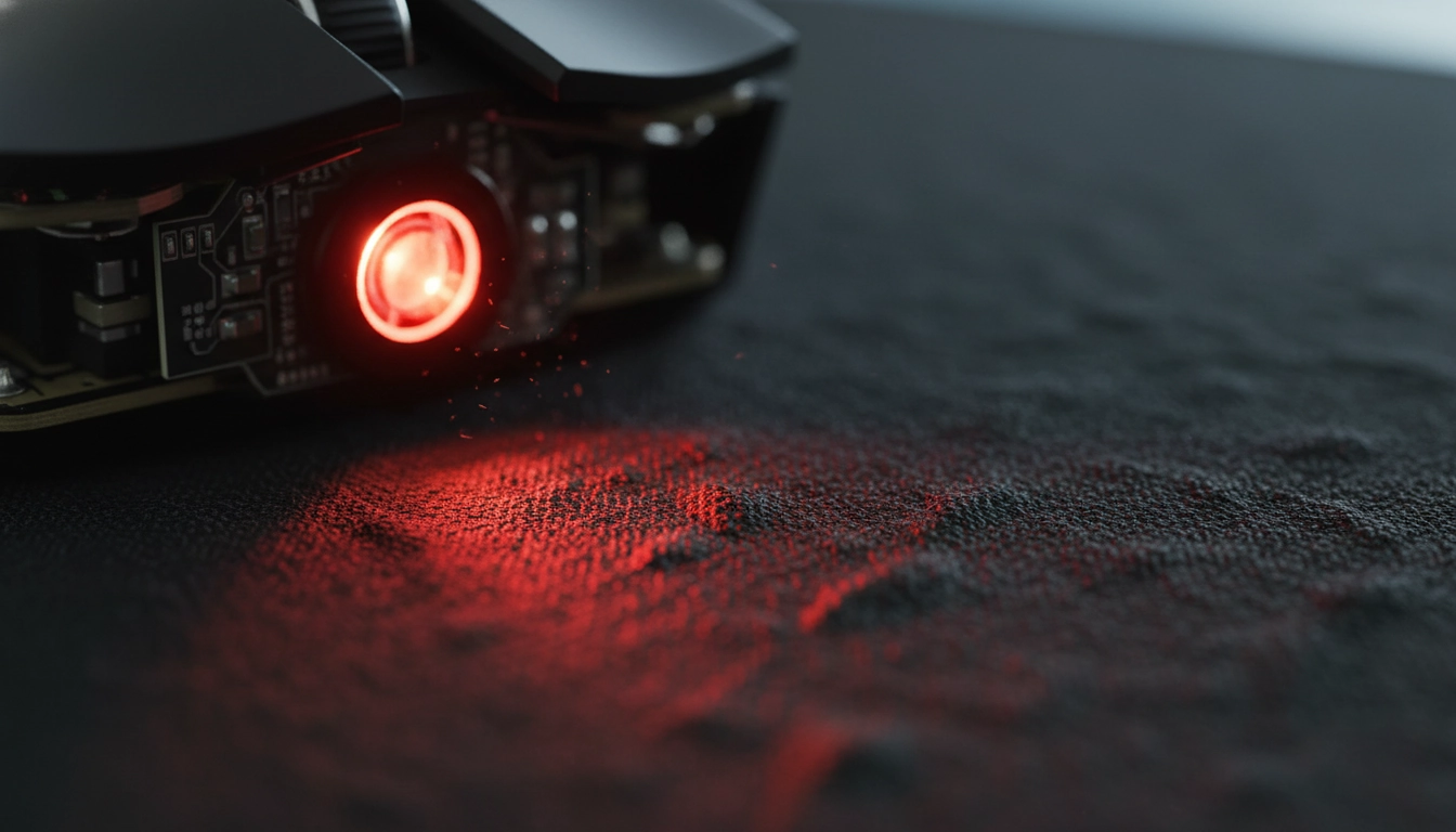 Capteur optique de souris gaming éclairant la surface d'un tapis en tissu pour illustrer la compatibilité capteur tapis