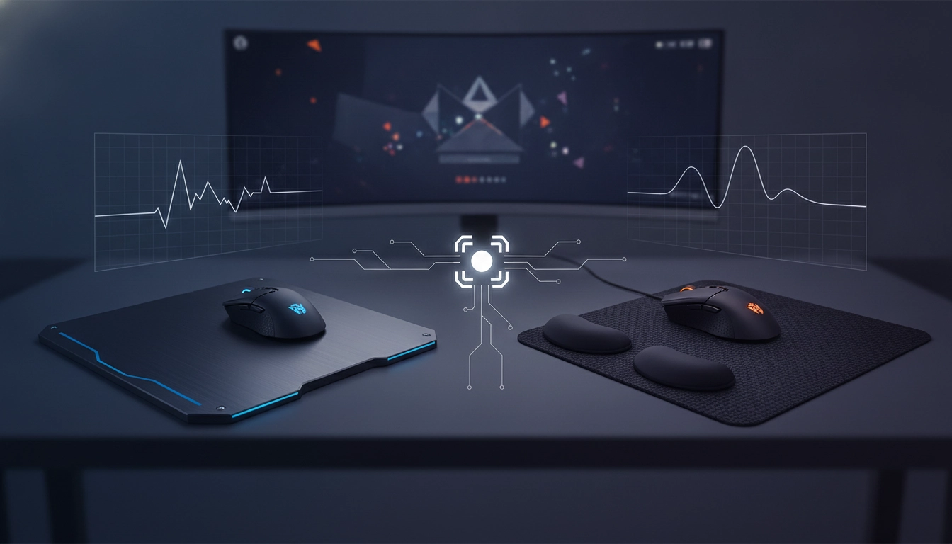 Setup gaming avec souris et tapis montrant la compatibilité capteur tapis rigide versus souple performance jeu