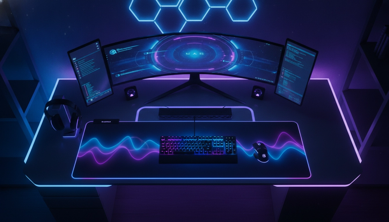 Configuration harmonieuse d'un tapis de souris RGB dans un setup moderne.