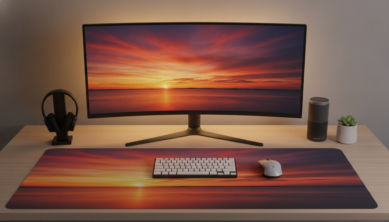 Exemple réussi pour coordonner tapis souris grand format avec fond écran sur un bureau moderne.
