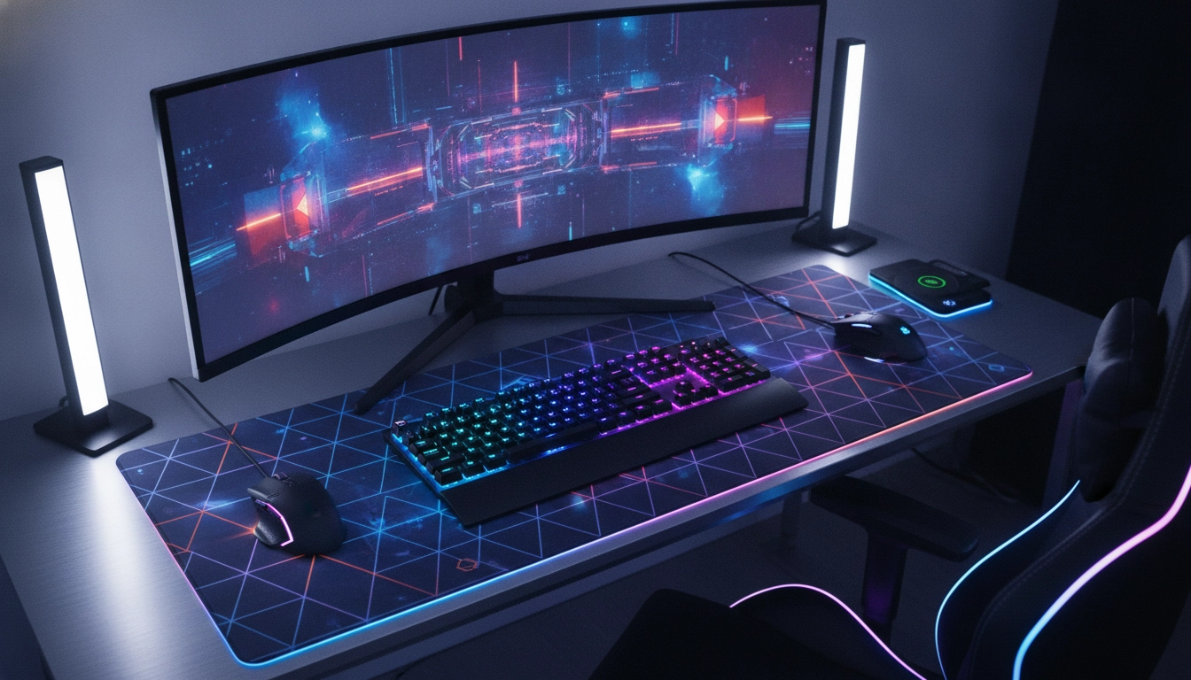 Détails d'un setup gamer où le tapis et le fond d'écran créent une unité parfaite.