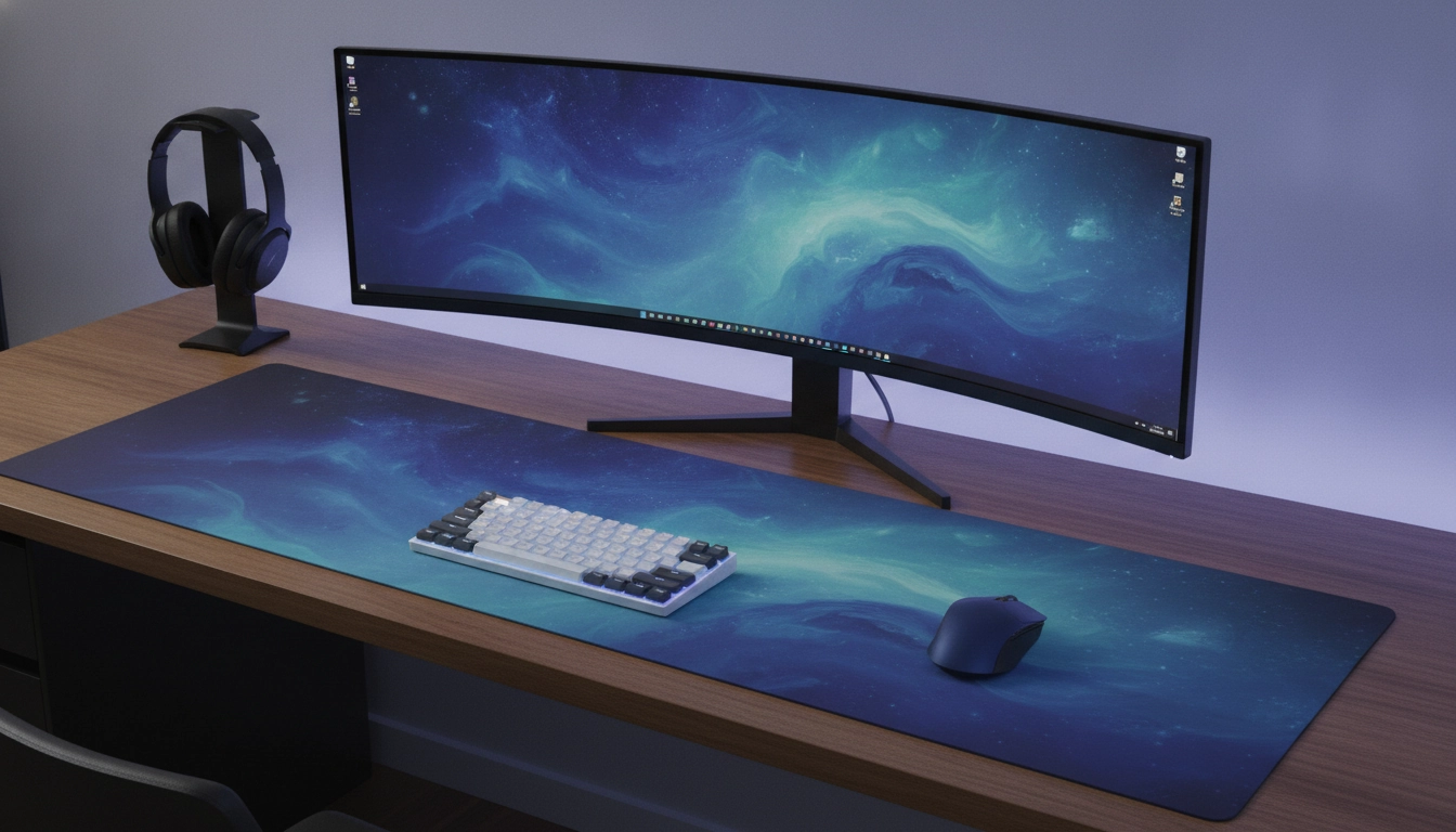 Un bureau minimaliste avec un tapis de souris grand format parfaitement assorti à un fond d'écran de style paysage montagneux.
