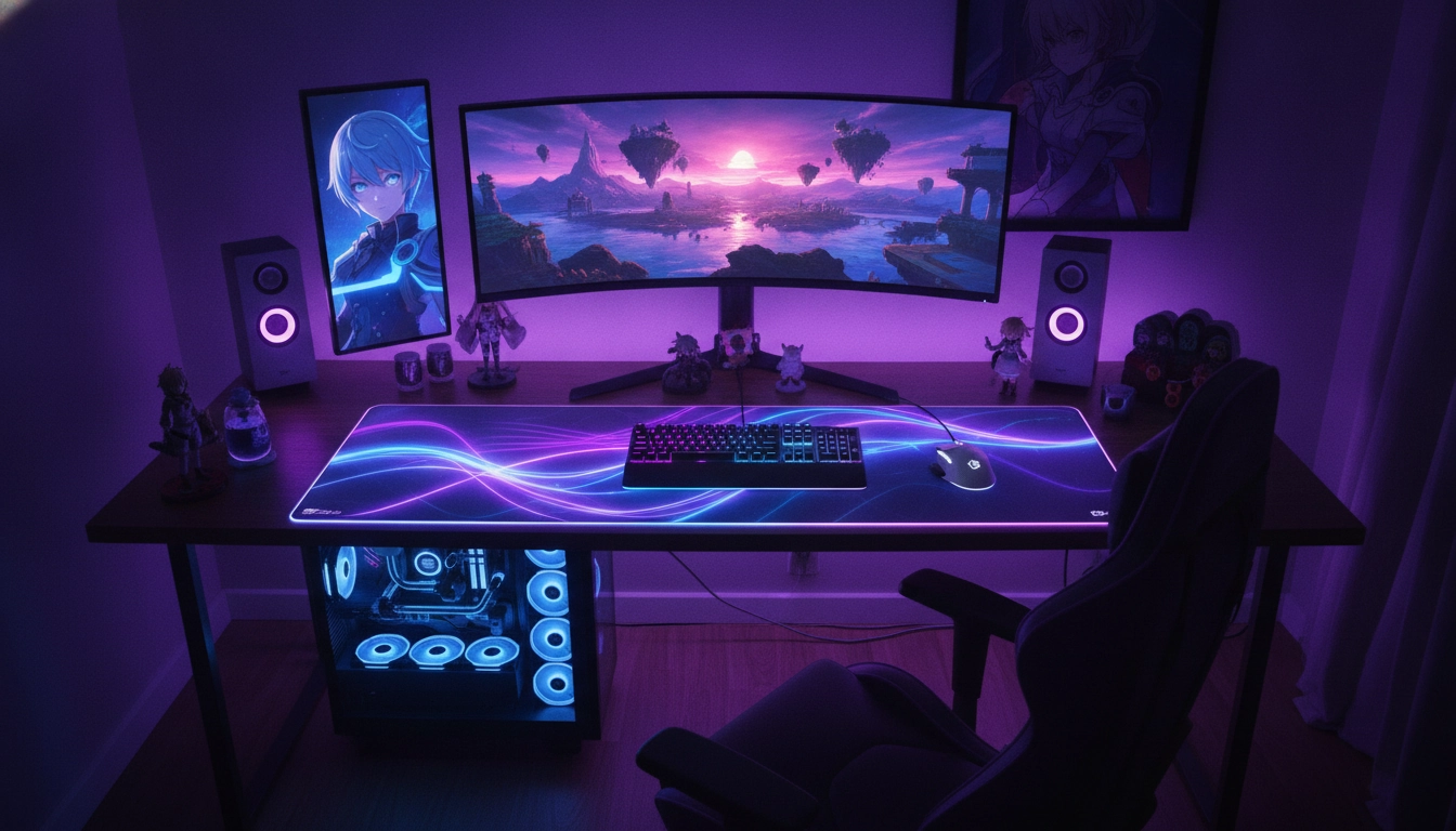 Les meilleures couleurs rgb tapis souris setup anime avec un éclairage néon violet et bleu.