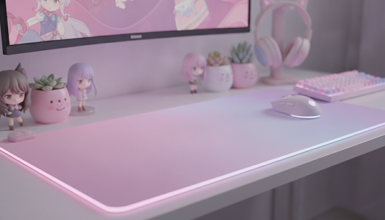 Setup de bureau avec tapis de souris RGB aux teintes douces pour une ambiance anime.