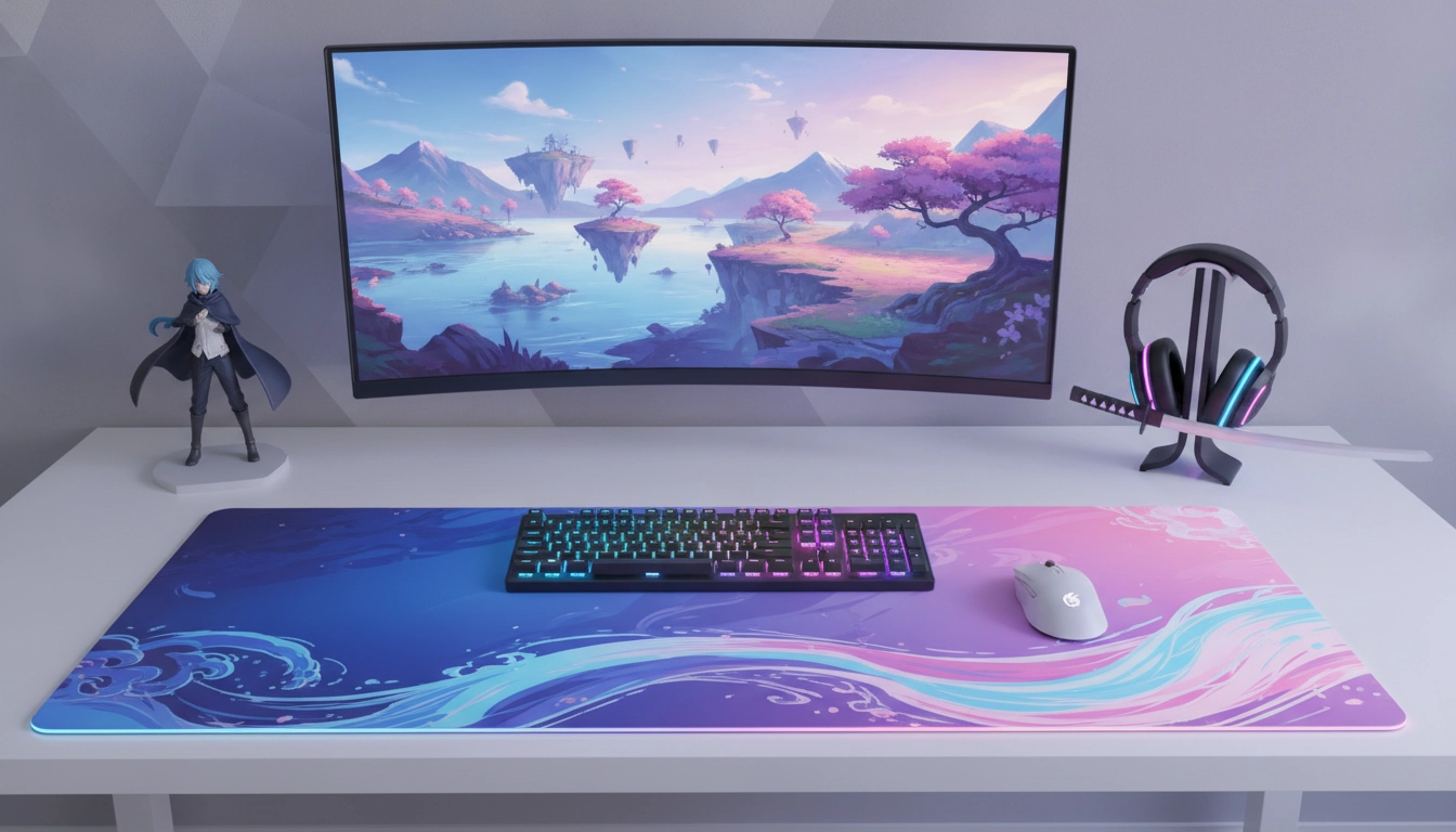 Setup gaming avec tapis de souris RGB aux couleurs vibrantes pour une ambiance anime.
