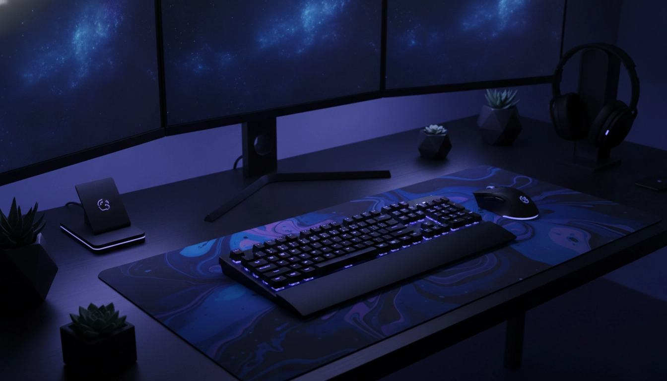 Setup gaming dark mode avec un tapis de souris sombre et éclairage LED bleu