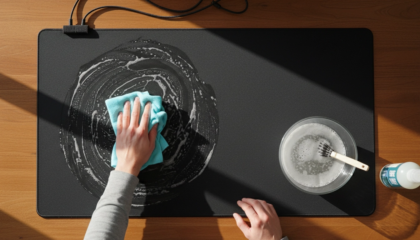 Processus pour désinfecter tapis souris tissu grandes dimensions avec un chiffon doux.