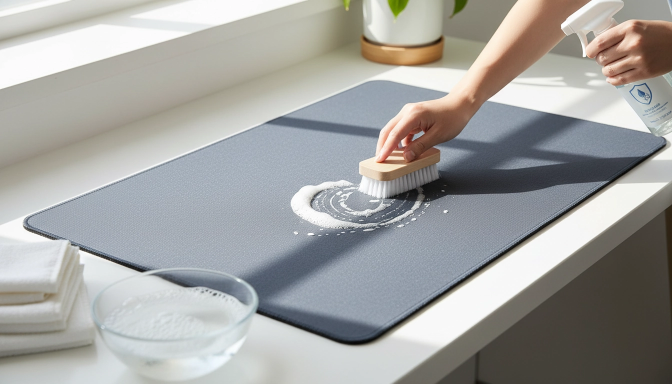 Gros plan sur le nettoyage manuel d'un tapis de souris XXL en tissu noir.