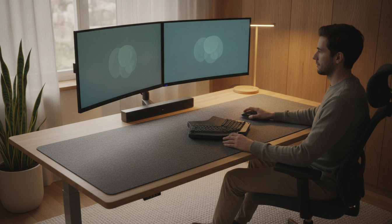 Un espace de travail ergonomique utilisant un tapis épais pour optimiser le confort de la main.