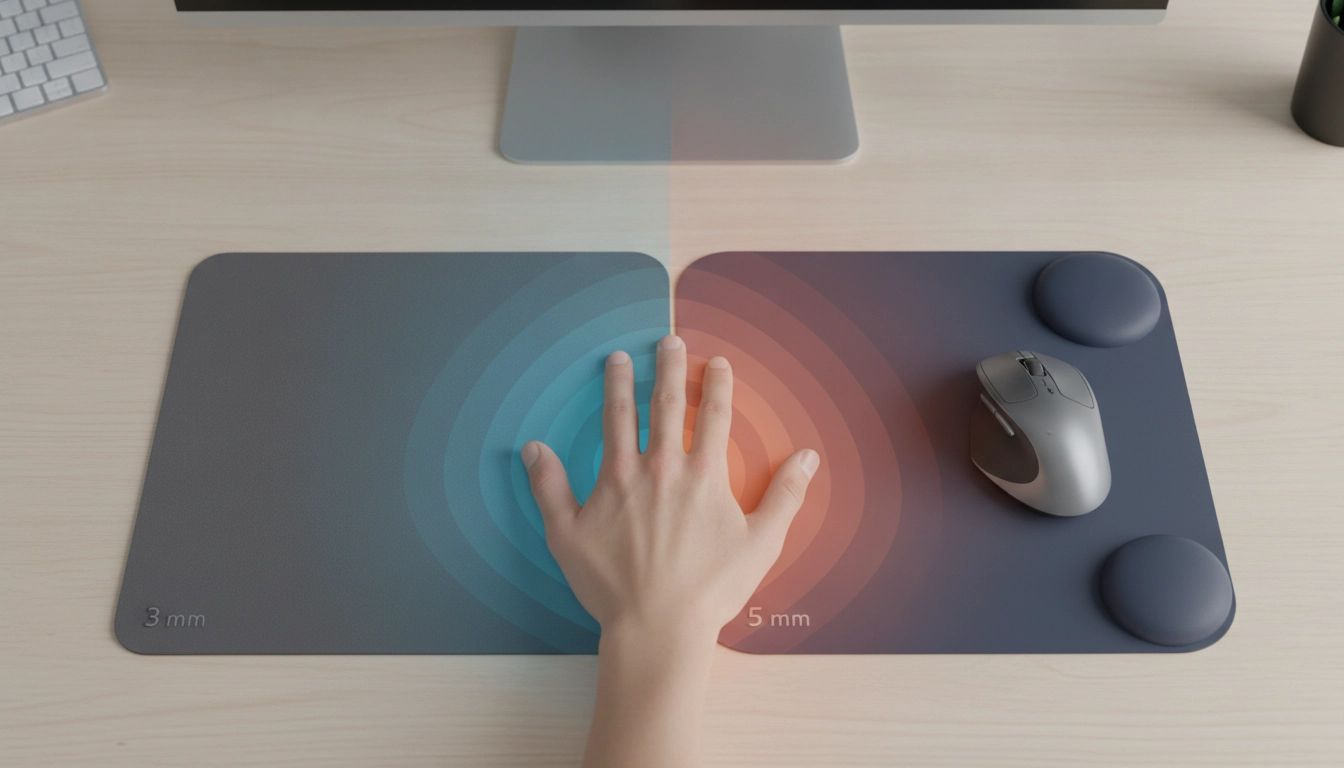 Comparaison visuelle illustrant la différence tapis souris 3mm 5mm confort main pour un setup de bureau.