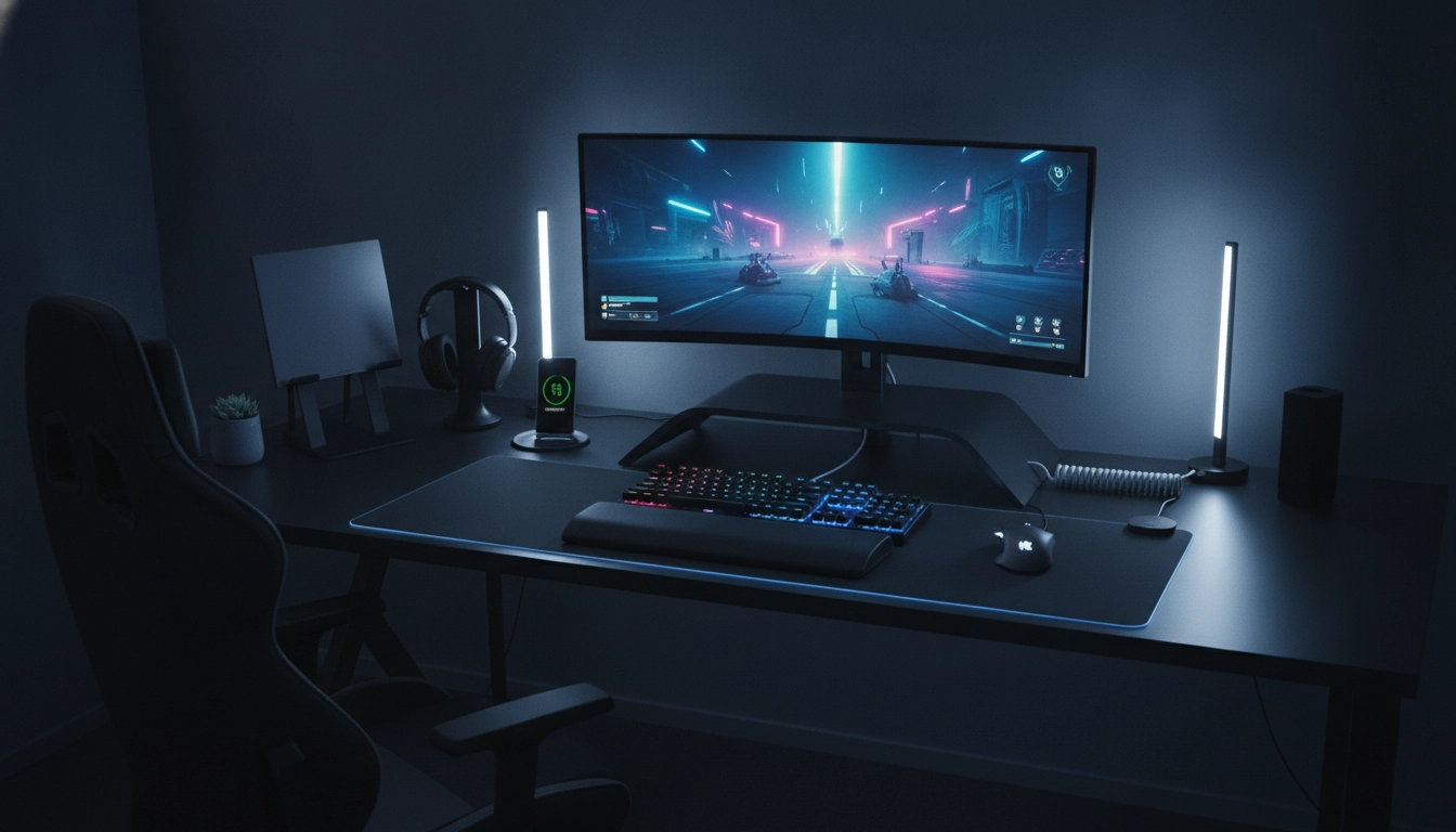 Setup gaming propre avec une disposition optimale écran clavier souris bureau gaming