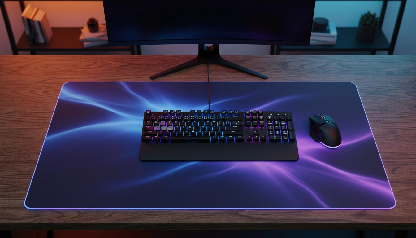 Éclairage RGB tapis souris en bleu et violet sur un bureau gaming photographié de dessus