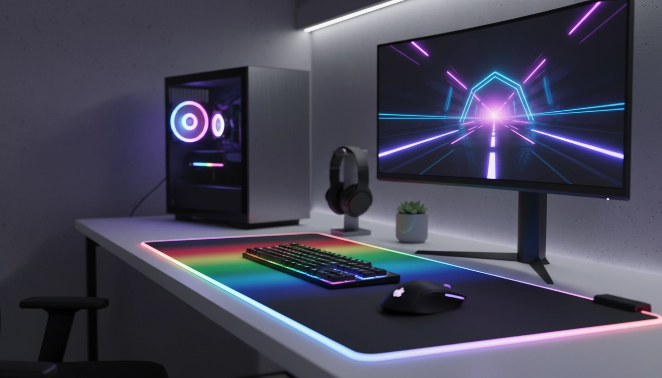 Setup gaming avec éclairage RGB tapis souris illuminé en bleu et violet sur un bureau moderne