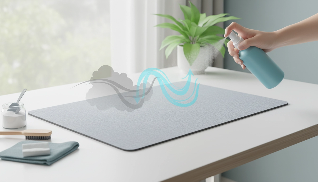 Un homme nettoie son setup pour éliminer mauvaise odeur tapis souris tissu avec un chiffon en microfibre