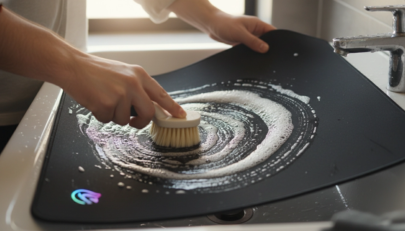 Nettoyage en profondeur d'un tapis de souris gaming en tissu avec brosse et eau savonneuse