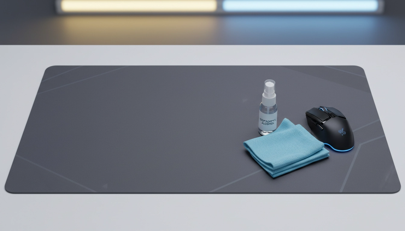 Entretien tapis de souris gaming avec alcool isopropylique et chiffon microfibre sur un bureau gaming organisé