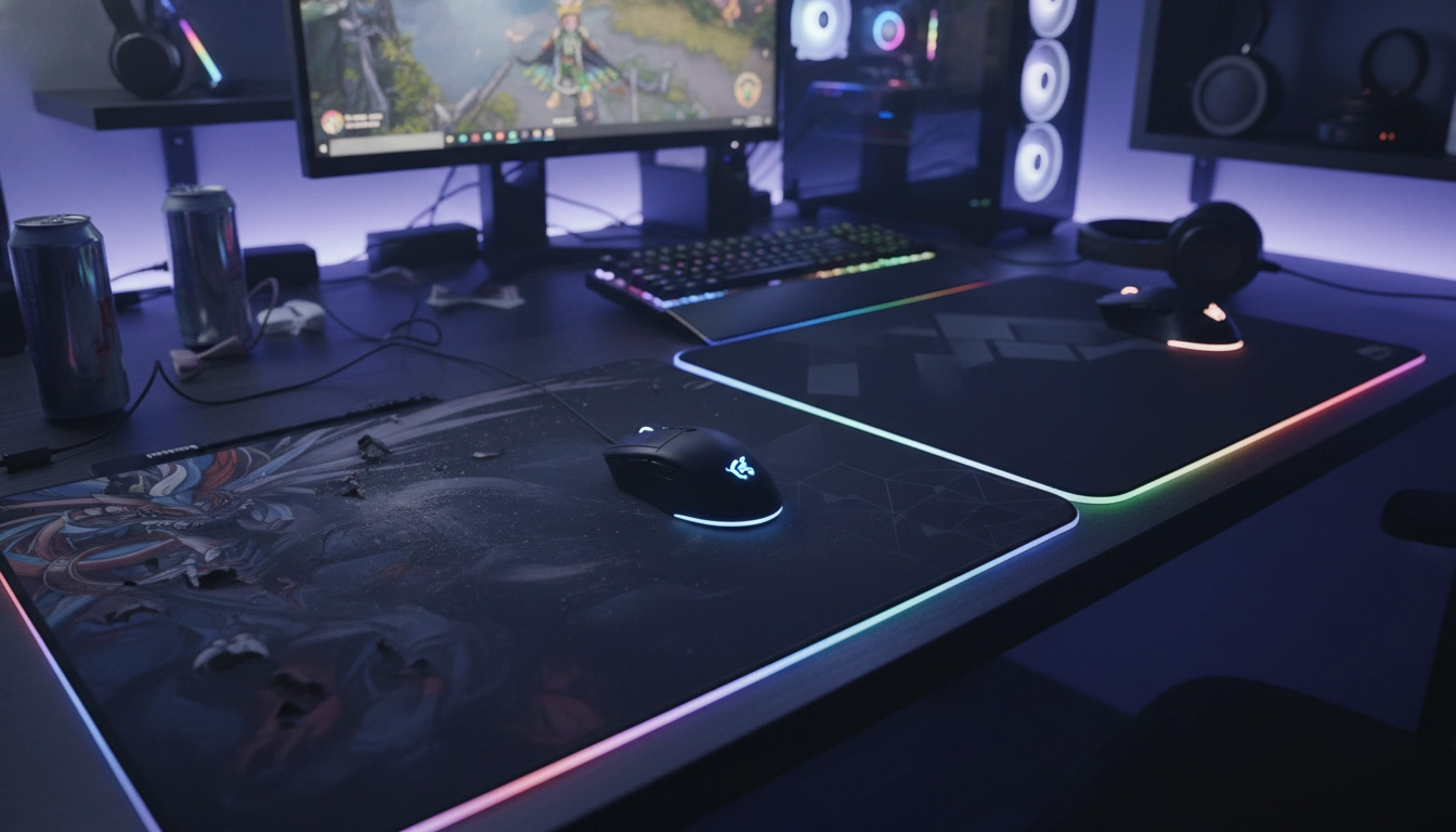 Comparaison entre un tapis de souris gaming usé et un tapis correctement entretenu et en bon état