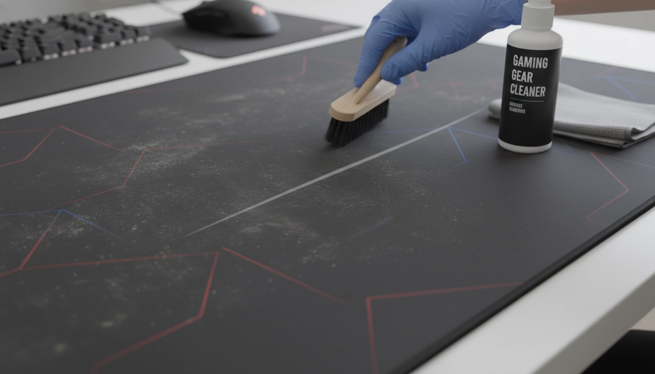 Entretien tapis de souris gaming avec chiffon microfibre et produits adaptés sur un bureau gaming