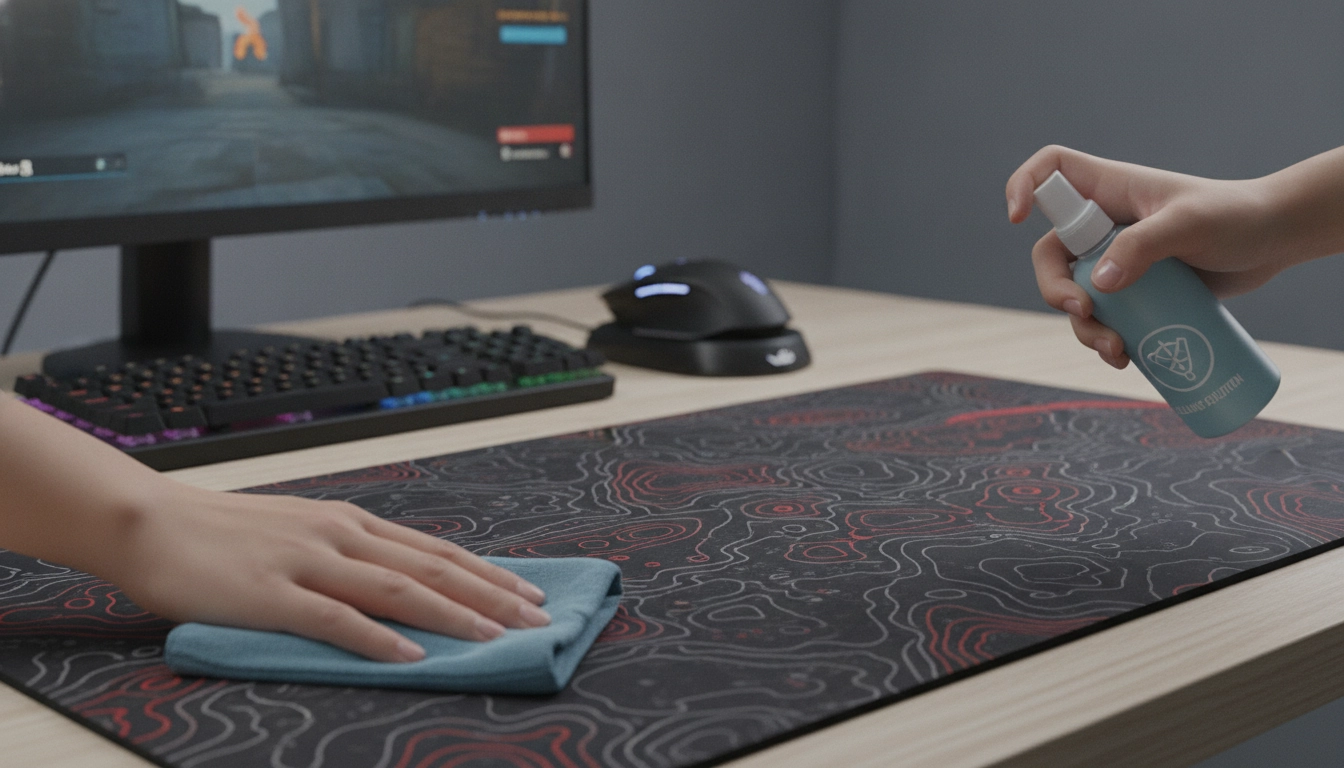 Un joueur professionnel nettoyant son tapis de souris pour optimiser son entretien tapis souris performances fps