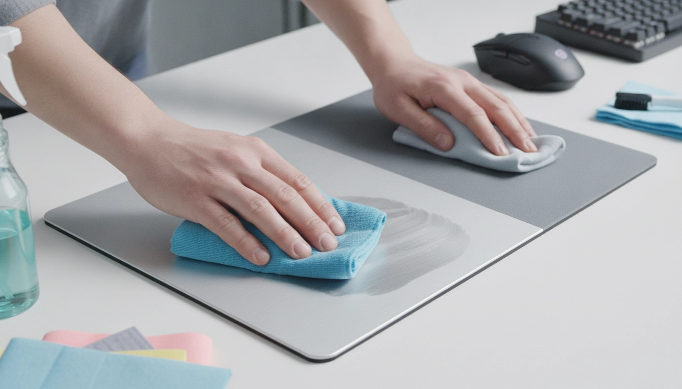 Entretien tapis de souris rigide aluminium versus plastique sur un bureau gaming propre.