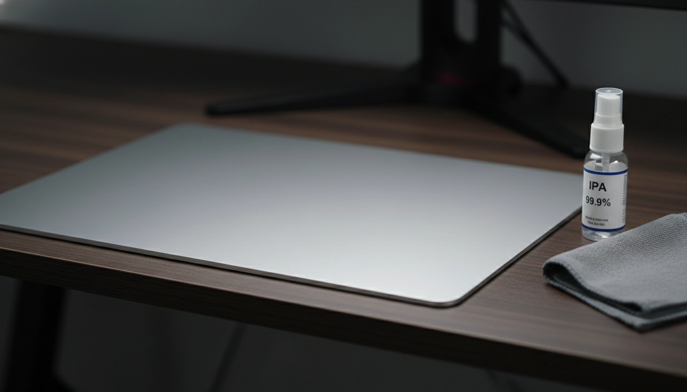 Entretien tapis souris rigide aluminium avec chiffon microfibre et alcool isopropylique