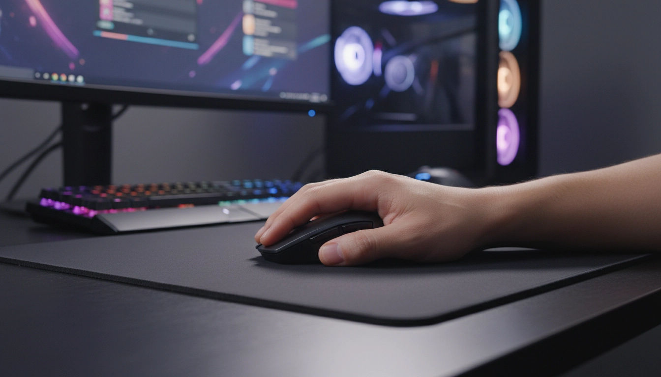 Main reposant sur un tapis de souris épais illustrant l'épaisseur tapis souris confort optimal pour les gamers